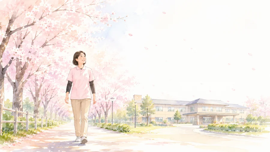 桜並木を笑顔で歩く介護職員