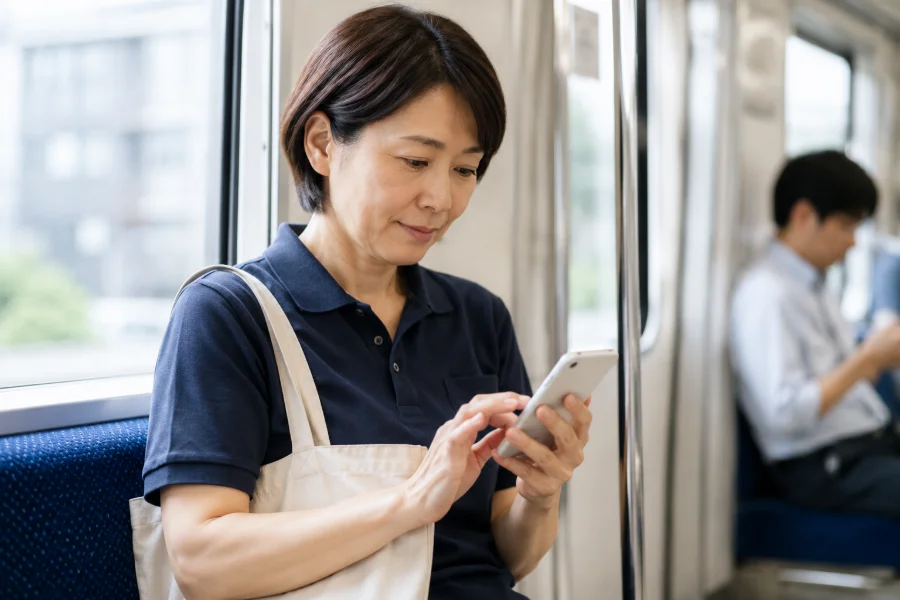 スキマ時間にスマホで学習する介護職員